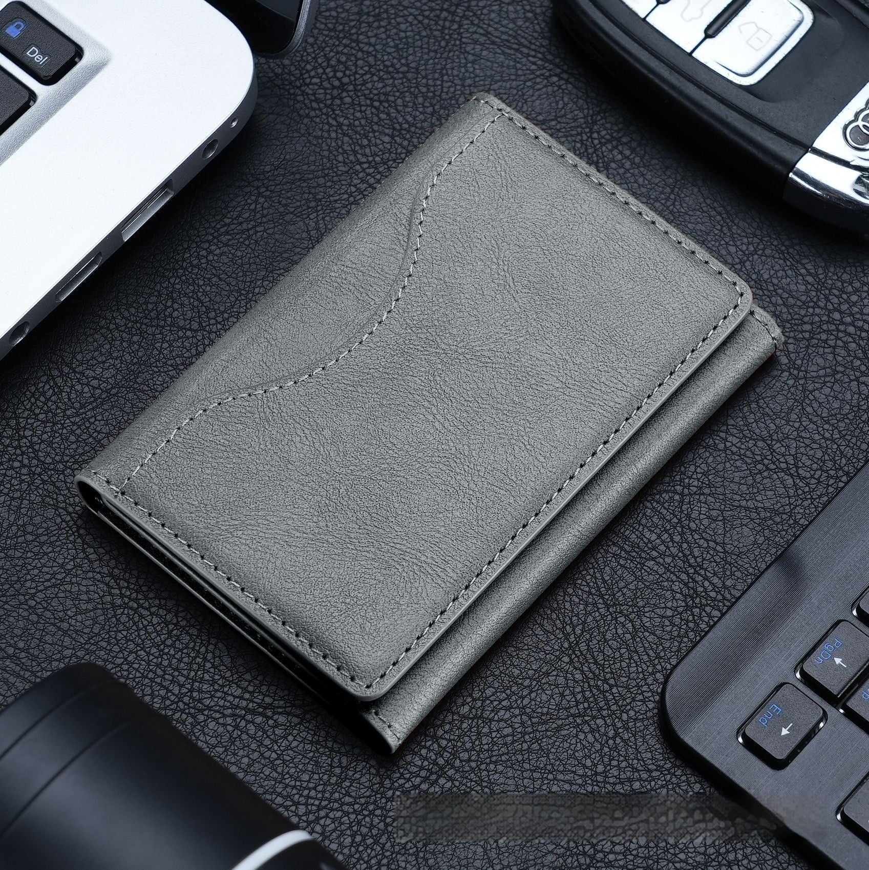 HKM-489427 Leather Tri-Fold Wallet with Magnetic Closure and Card Holder - Available in Purple, Green, Blue, Black
