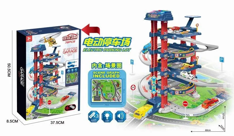 HKM-490131 4-Layer Kids Toy Car Garage Parking Lot Lift Kit - Slide Parking Toy for Ages 5 and Up