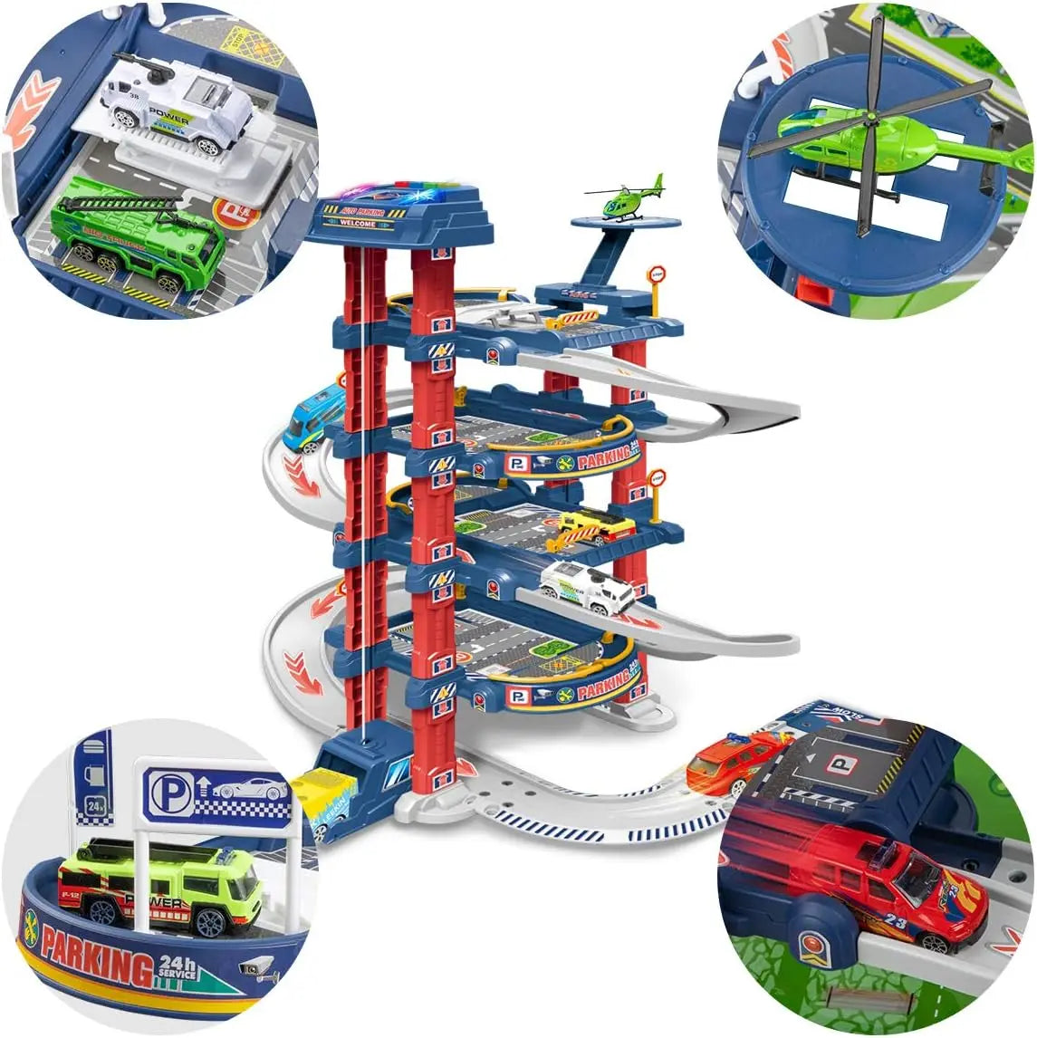 HKM-490131 4-Layer Kids Toy Car Garage Parking Lot Lift Kit - Slide Parking Toy for Ages 5 and Up