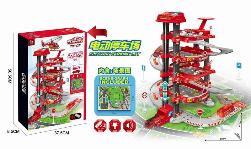 HKM-490131 4-Layer Kids Toy Car Garage Parking Lot Lift Kit - Slide Parking Toy for Ages 5 and Up