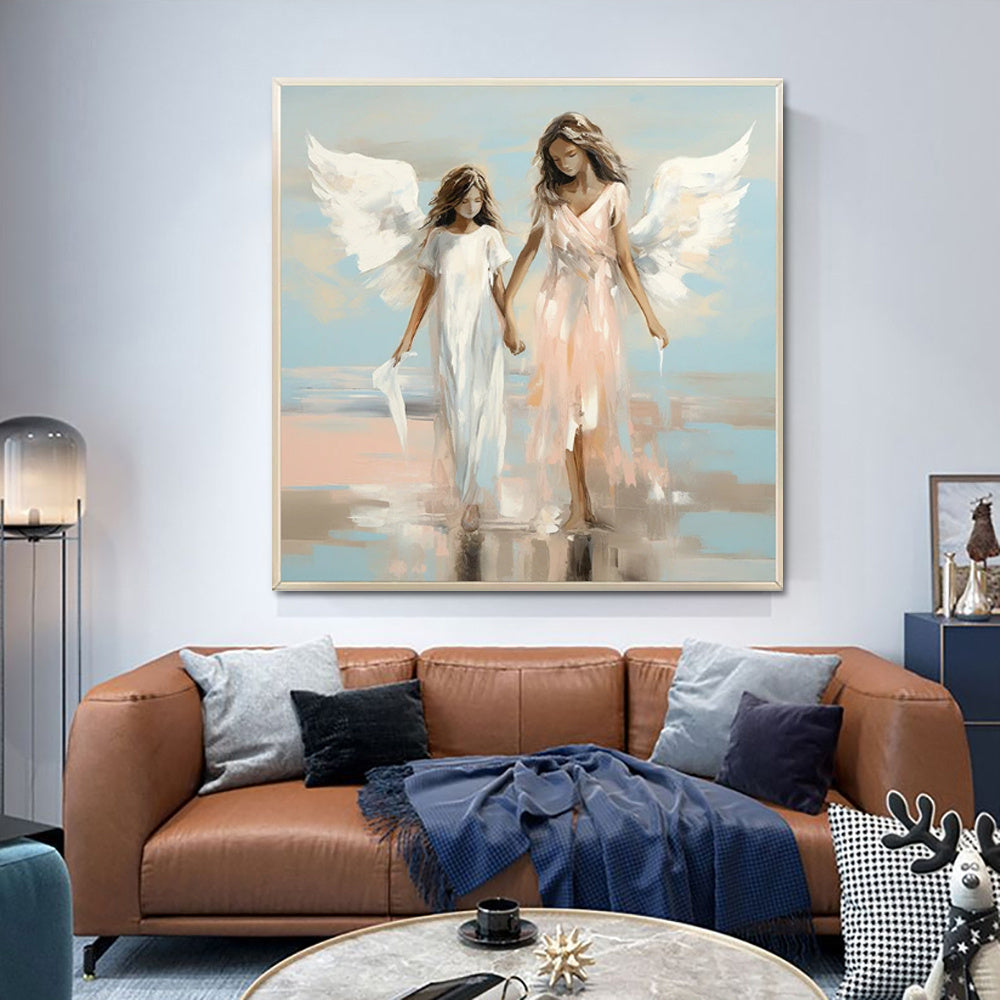 HKM-490259 Handmade Oil Painting on Canvas - Angel Sisters Walking on Water Modern Abstract Art for Home Decor