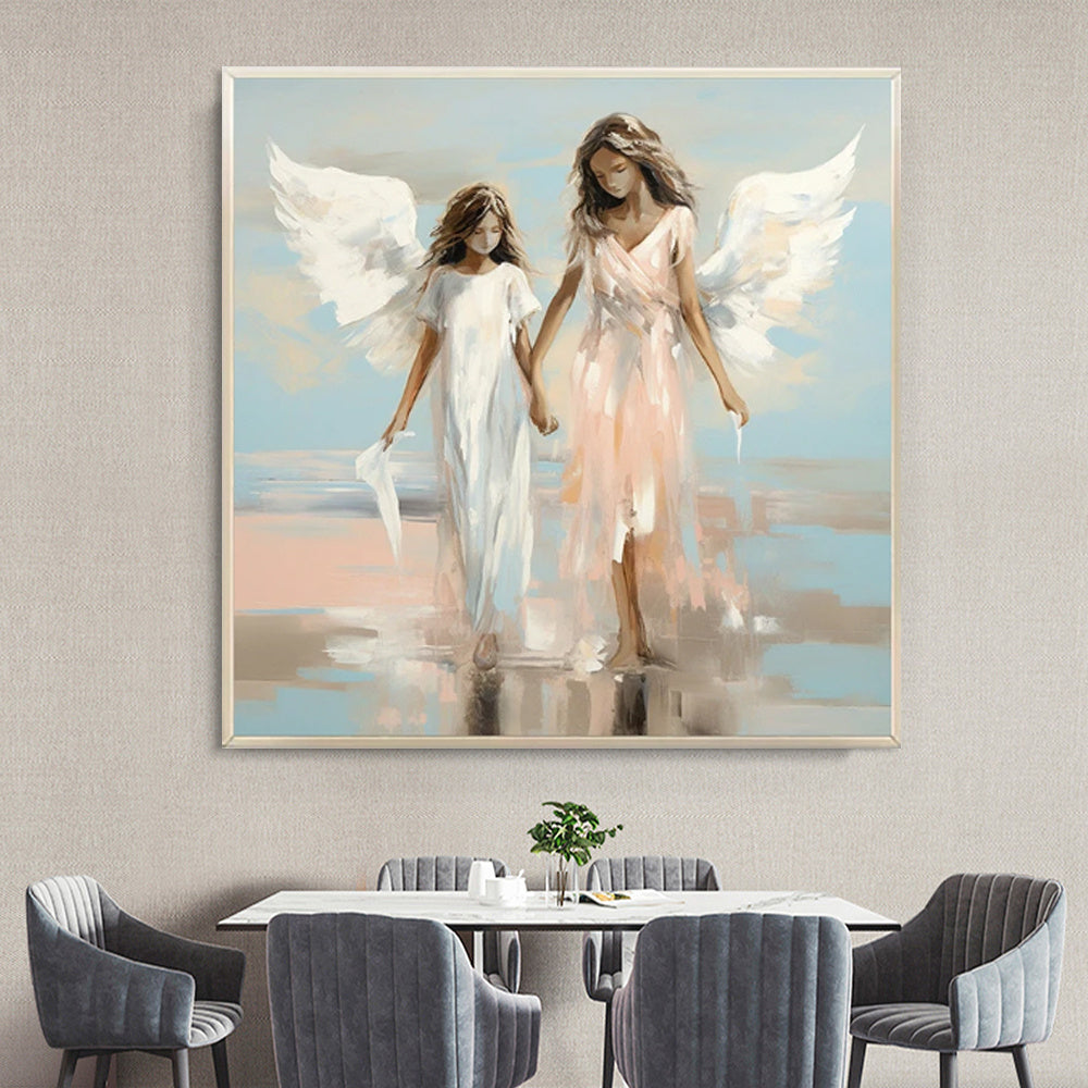 HKM-490259 Handmade Oil Painting on Canvas - Angel Sisters Walking on Water Modern Abstract Art for Home Decor