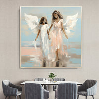 HKM-490259 Handmade Oil Painting on Canvas - Angel Sisters Walking on Water Modern Abstract Art for Home Decor