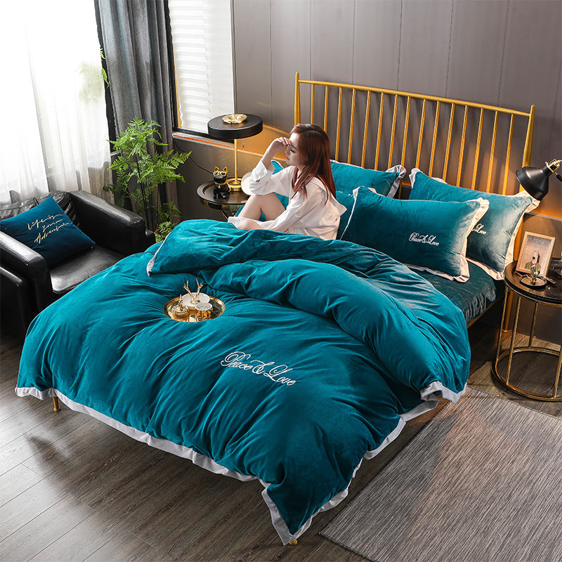 HKM-490643 Crystal Velvet Embroidered Four-Piece Bedding Set in Polyester Fiber