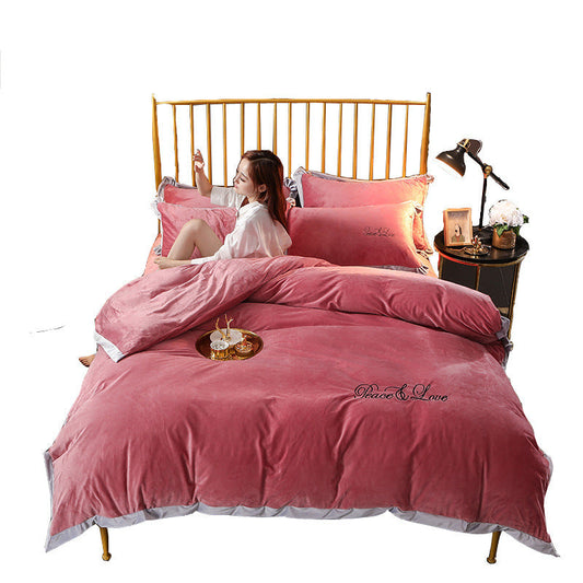 HKM-490643 Crystal Velvet Embroidered Four-Piece Bedding Set in Polyester Fiber
