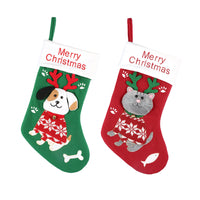 HKM-490771 Cartoon Christmas Sock Gift Bag - Puppy & Kitten Models in Green and Red, Non-Woven Fabric, 37x23x2 CM