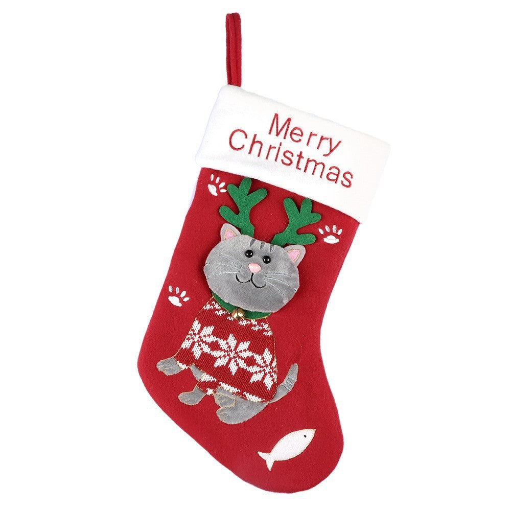 HKM-490771 Cartoon Christmas Sock Gift Bag - Puppy & Kitten Models in Green and Red, Non-Woven Fabric, 37x23x2 CM