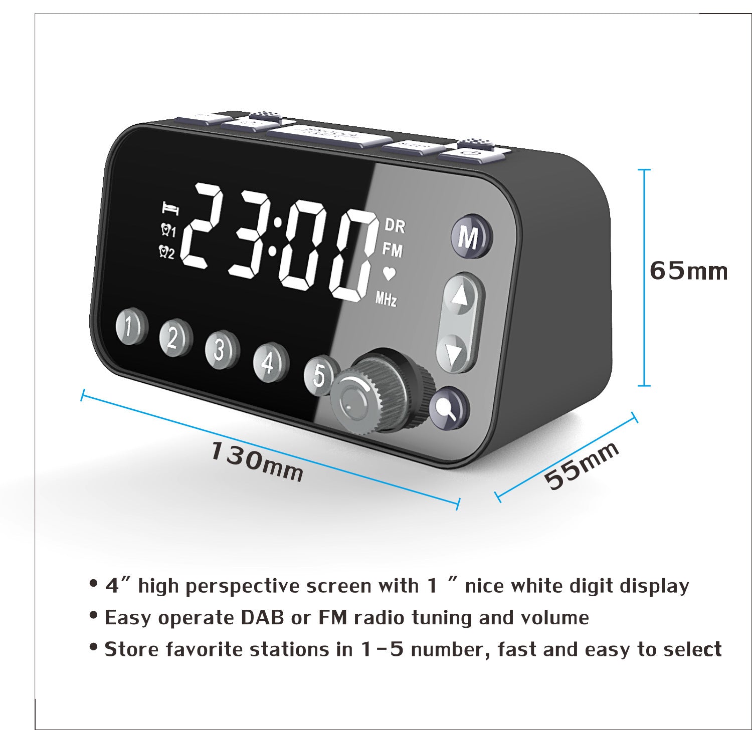 HKM-491027 DAB Bedside Alarm Clock with Large LED Display, Dual Alarm Settings & USB Charging Ports
