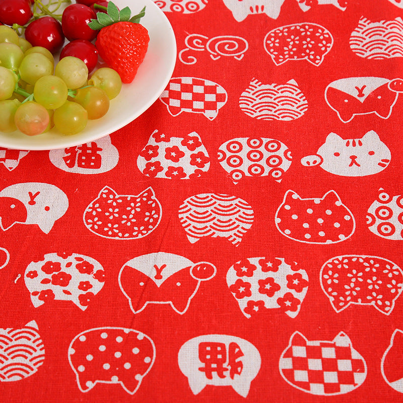 HKM-491155 Cat Head Design Linseed Cotton Fabric for DIY Tablecloths, Curtains, Cushions, and More