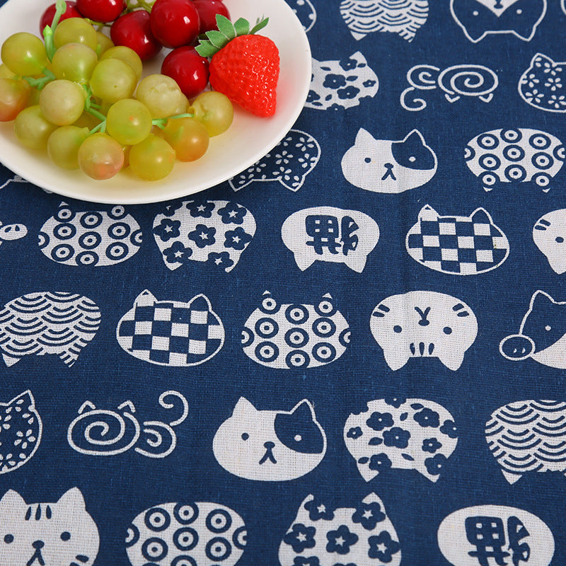 HKM-491155 Cat Head Design Linseed Cotton Fabric for DIY Tablecloths, Curtains, Cushions, and More