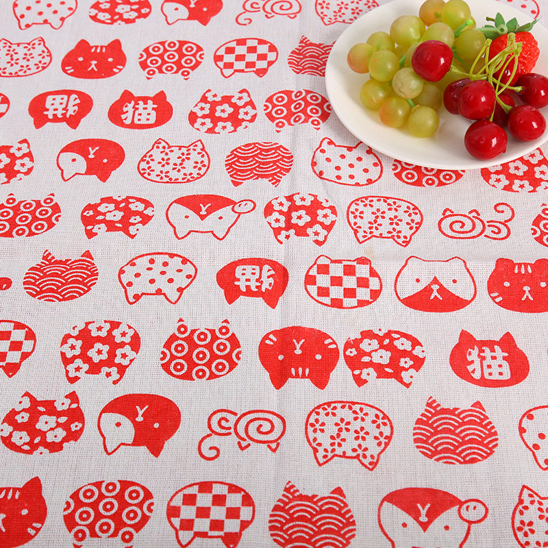 HKM-491155 Cat Head Design Linseed Cotton Fabric for DIY Tablecloths, Curtains, Cushions, and More