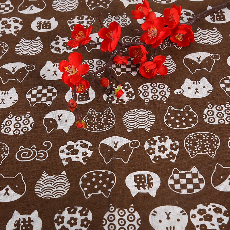 HKM-491155 Cat Head Design Linseed Cotton Fabric for DIY Tablecloths, Curtains, Cushions, and More