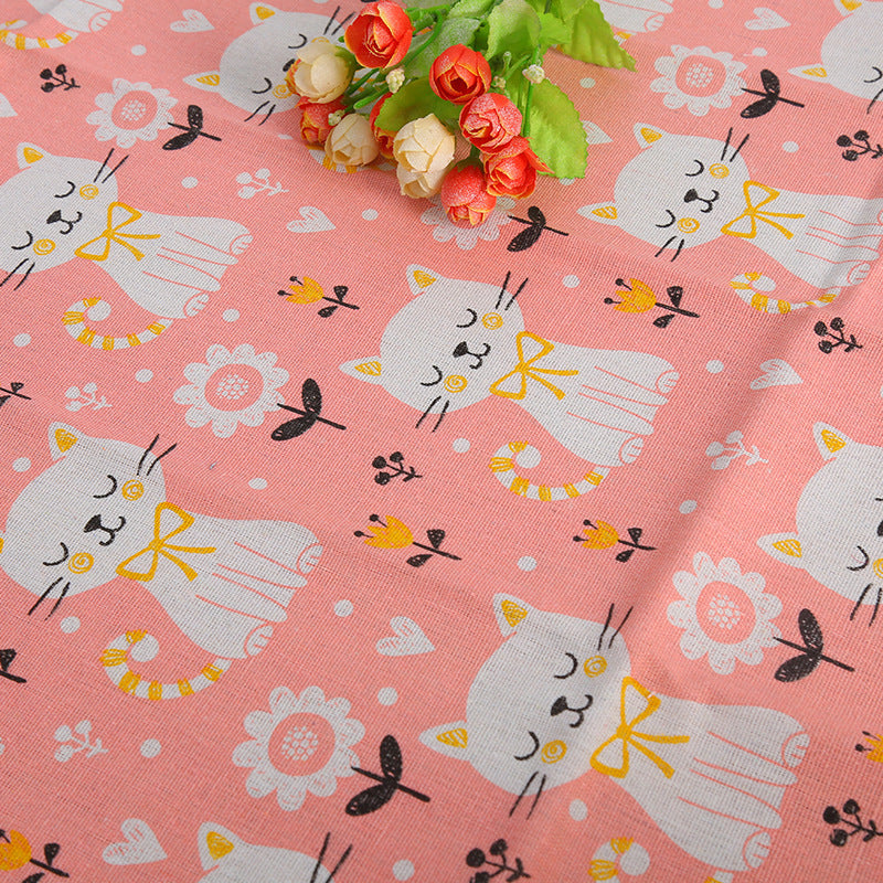 HKM-491155 Cat Head Design Linseed Cotton Fabric for DIY Tablecloths, Curtains, Cushions, and More