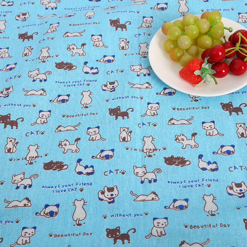 HKM-491155 Cat Head Design Linseed Cotton Fabric for DIY Tablecloths, Curtains, Cushions, and More