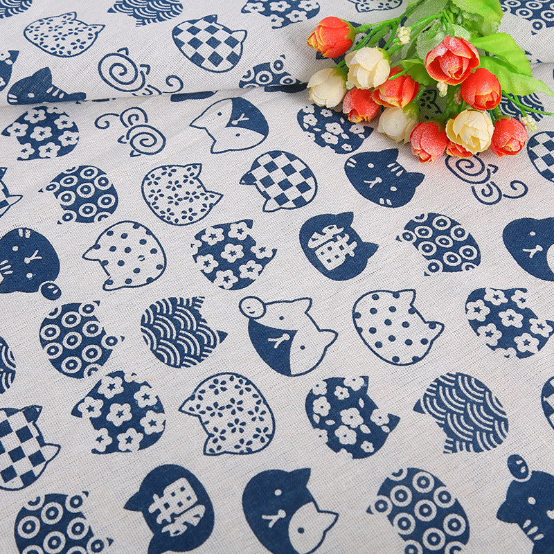 HKM-491155 Cat Head Design Linseed Cotton Fabric for DIY Tablecloths, Curtains, Cushions, and More
