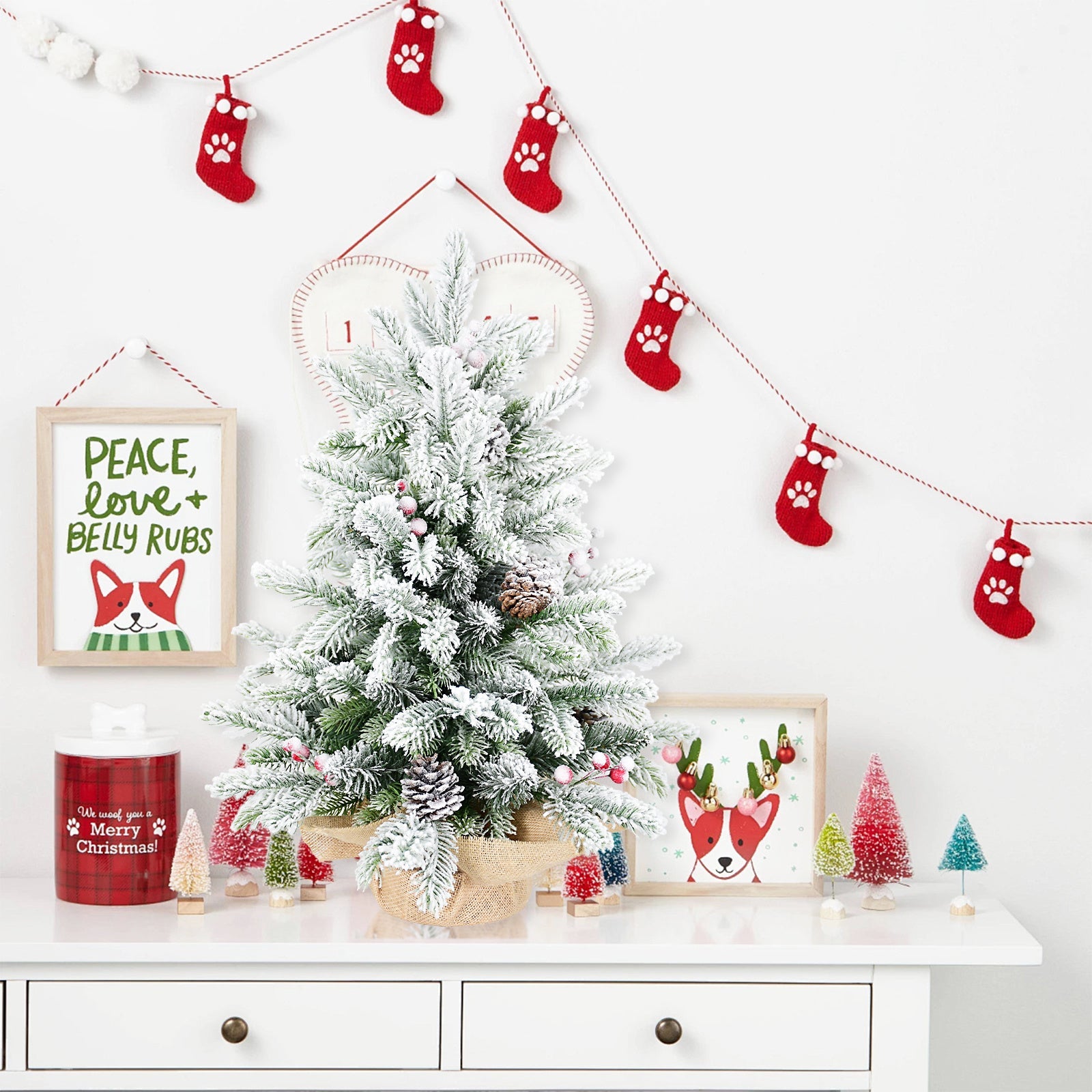 HKM-491603 3ft Snow Flocked Mini Christmas Tree with Pine Cones and Red Berries