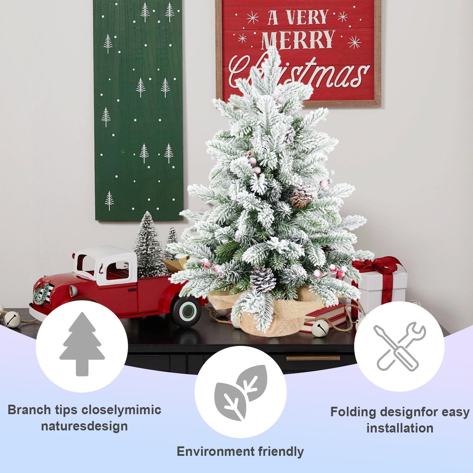 HKM-491603 3ft Snow Flocked Mini Christmas Tree with Pine Cones and Red Berries