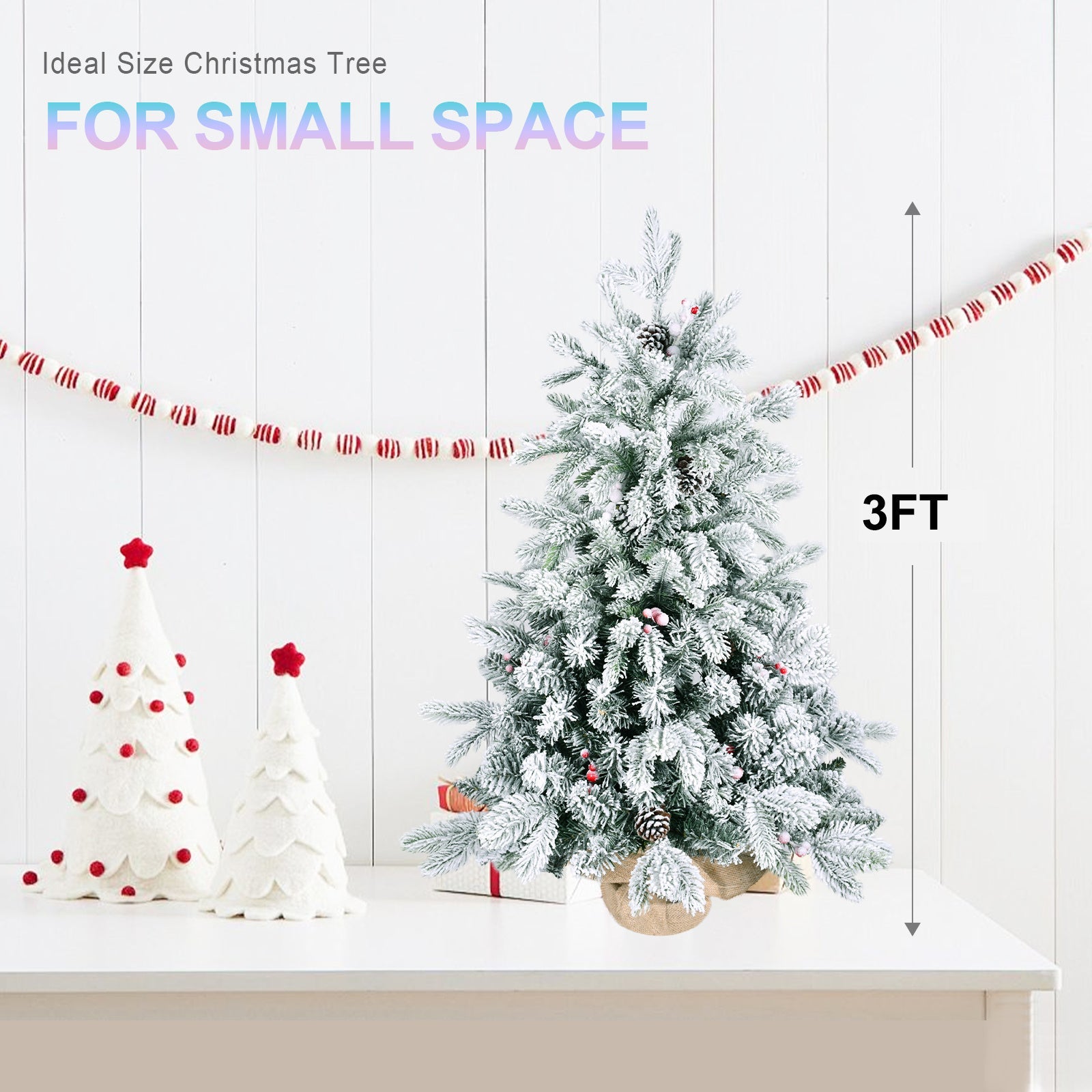 HKM-491603 3ft Snow Flocked Mini Christmas Tree with Pine Cones and Red Berries