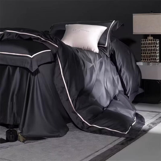 HKM-491795 Cotton Jacquard 4-Piece Bed Sheet and Duvet Cover Set in Faint Gold and Gray