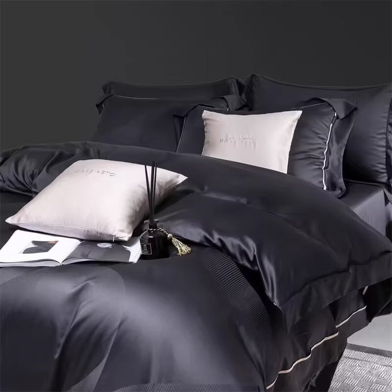 HKM-491795 Cotton Jacquard 4-Piece Bed Sheet and Duvet Cover Set in Faint Gold and Gray