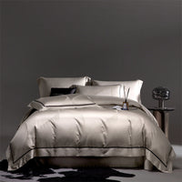 HKM-491795 Cotton Jacquard 4-Piece Bed Sheet and Duvet Cover Set in Faint Gold and Gray
