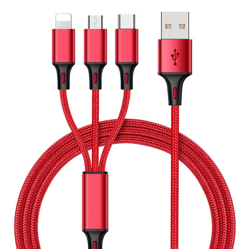 HKM-491859 3-in-1 Braided Universal USB Charger Cable for Apple, Android, and Type-C Devices, 1.25m Length, Durable Aluminum Alloy and Nylon, Available in Red, Blue, Silver, Black