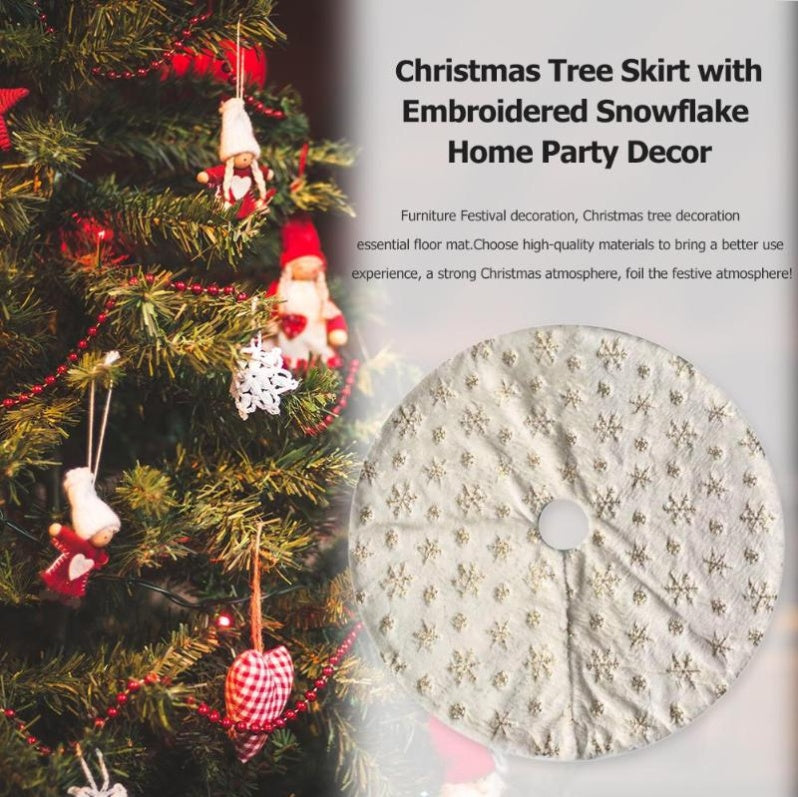HKM-493075 Gold Sequin Faux Rabbit Fur Snowflake Christmas Tree Skirt - 90cm/122cm Diameter Options