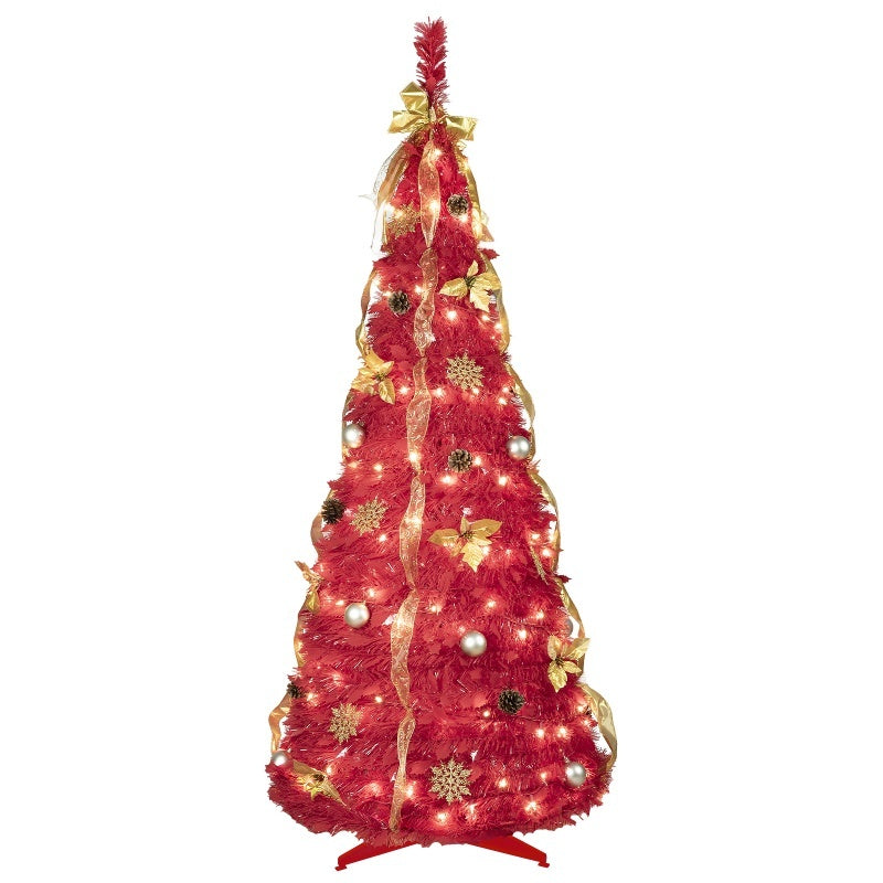 HKM-493907 6ft Pop Up Christmas Tree with 150 Lights, Ribbons, Flowers, Snowflakes, and Ornaments