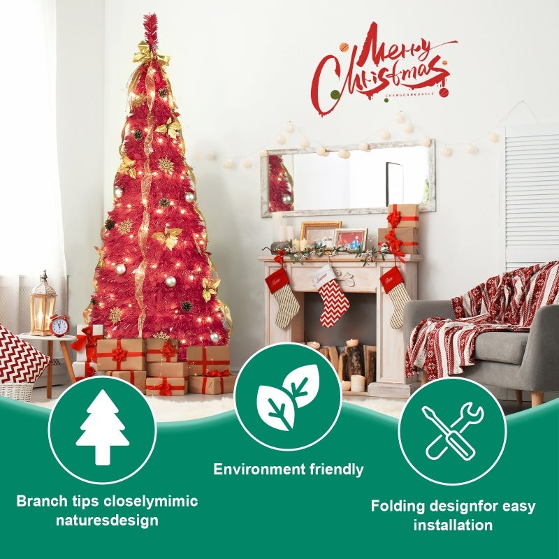HKM-493907 6ft Pop Up Christmas Tree with 150 Lights, Ribbons, Flowers, Snowflakes, and Ornaments
