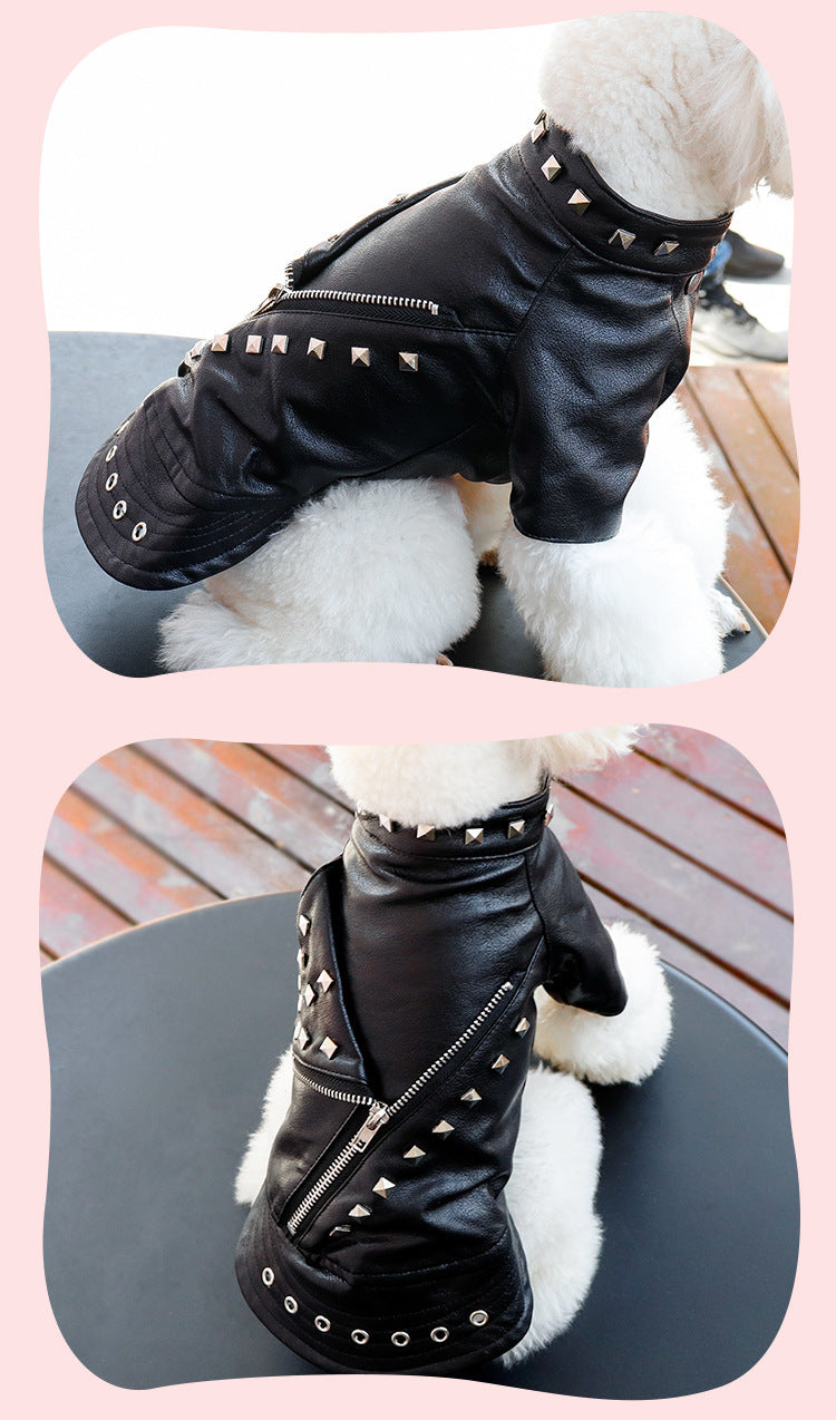 HKM-494227 Stylish Black Leather Dog Coat for Autumn and Winter, Suitable for Teddy and Chihuahua