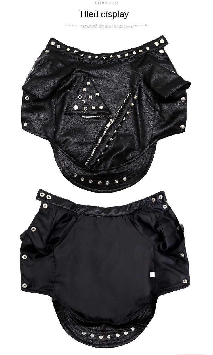HKM-494227 Stylish Black Leather Dog Coat for Autumn and Winter, Suitable for Teddy and Chihuahua