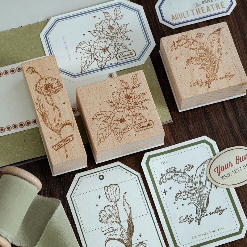 HKM-494547 Artistic Flower Wooden Stamp Set with Ink - Ideal for DIY Notebook Decoration