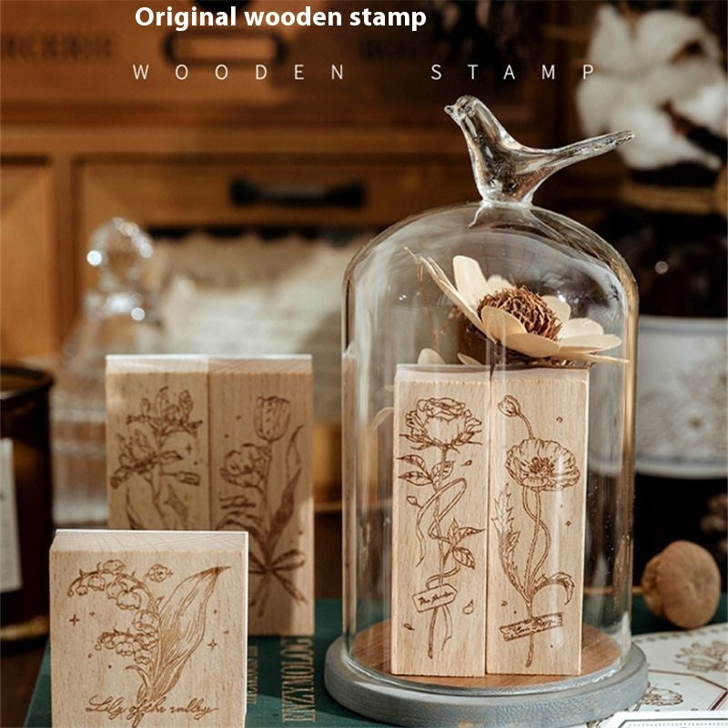 HKM-494547 Artistic Flower Wooden Stamp Set with Ink - Ideal for DIY Notebook Decoration
