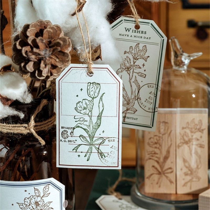 HKM-494547 Artistic Flower Wooden Stamp Set with Ink - Ideal for DIY Notebook Decoration