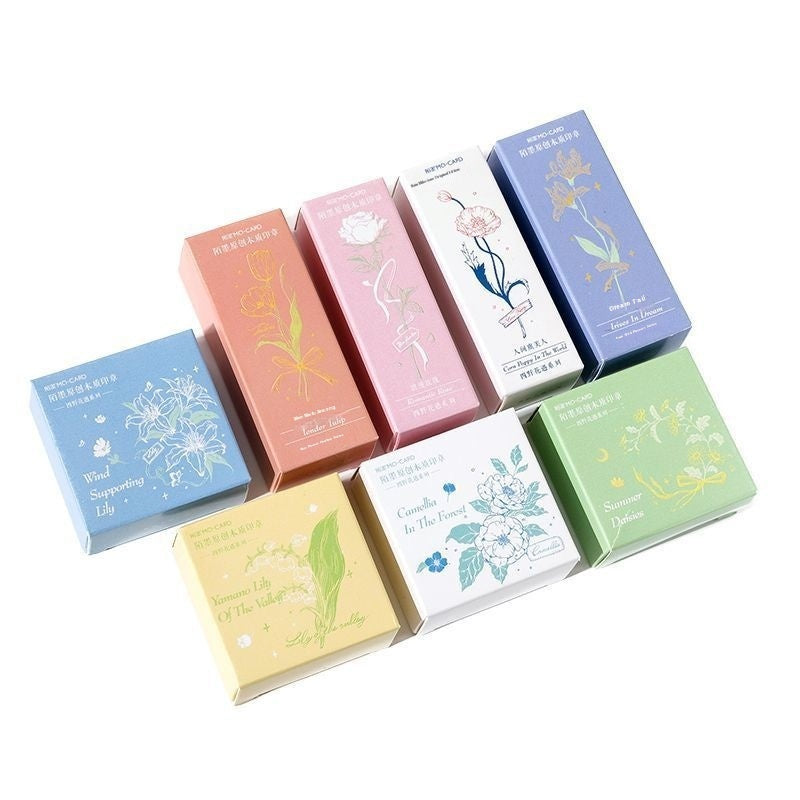 HKM-494547 Artistic Flower Wooden Stamp Set with Ink - Ideal for DIY Notebook Decoration