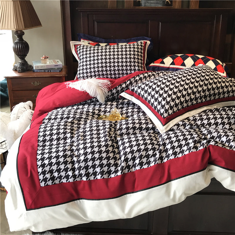 HKM-496083 Cotton North Velvet Houndstooth Bedding Set - 4 Piece Quilt Cover, Sheets, Pillow Cases