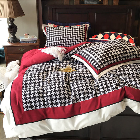 HKM-496083 Cotton North Velvet Houndstooth Bedding Set - 4 Piece Quilt Cover, Sheets, Pillow Cases