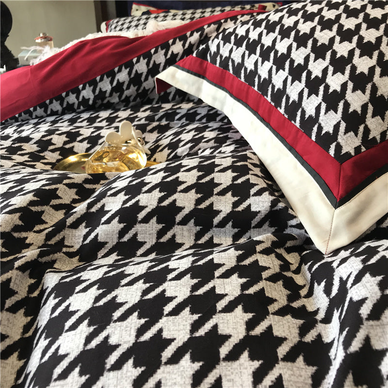 HKM-496083 Cotton North Velvet Houndstooth Bedding Set - 4 Piece Quilt Cover, Sheets, Pillow Cases