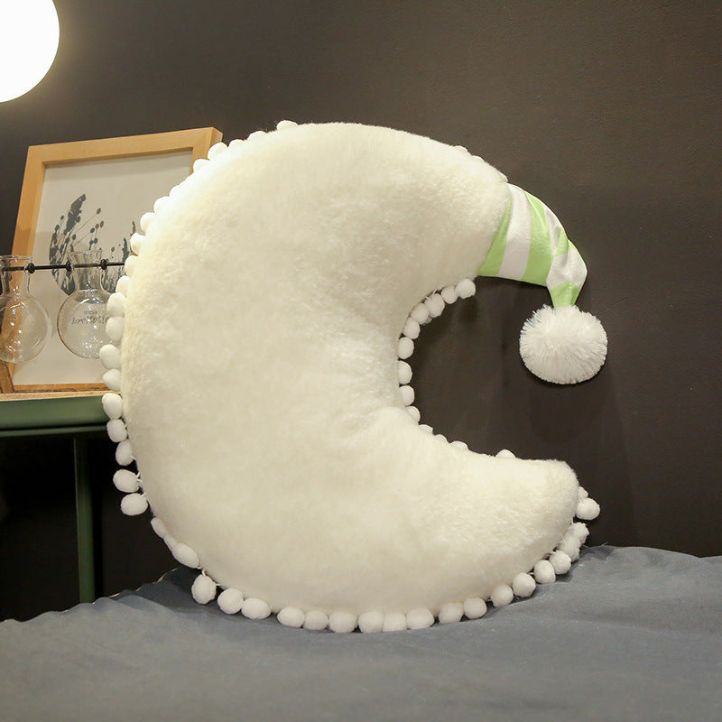 HKM-497043 Plush Cat Cushion Pillow with Star, Moon, and Crown Design for Bedside Decor