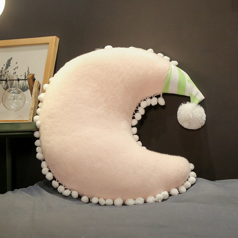 HKM-497043 Plush Cat Cushion Pillow with Star, Moon, and Crown Design for Bedside Decor