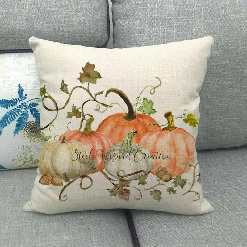 HKM-497299 Painted Pumpkin Linen Pillowcase for Home and Outdoor Decor, 45x45cm