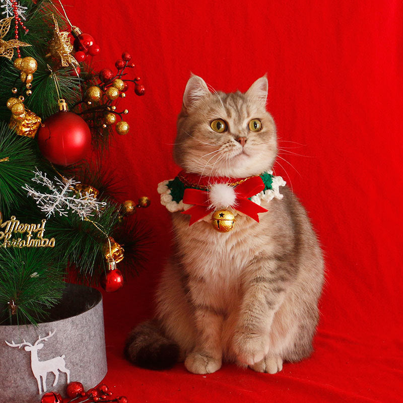 HKM-497939 Festive Cat Collar Scarf with Golden Thread Pompom Bell and Christmas Lace, Gift Box Included