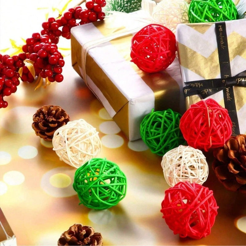 HKM-498195 30 Pcs Christmas Rattan Balls - Decorative Wicker Ornaments for Home Decor, DIY Vase and Bowl Fillers