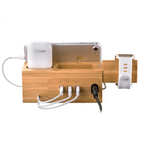 HKM-499411 Multifunctional Bamboo Mobile Phone and Watch Charging Dock with 3 USB Ports