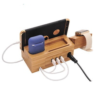 HKM-499411 Multifunctional Bamboo Mobile Phone and Watch Charging Dock with 3 USB Ports