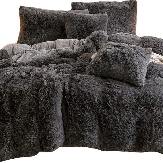 HKM-499539 Solid Color Three-Piece Plush Winter Quilt Cover Set - Available in Twin, Queen, and Hoyu Sizes