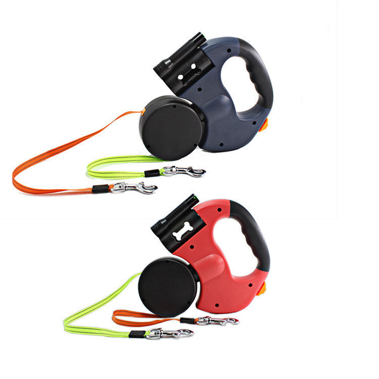HKM-499923 Dual Headed Pet Leashes with Flashlight Garbage Bag Box Automatic Retractable Dogs Traction Rope