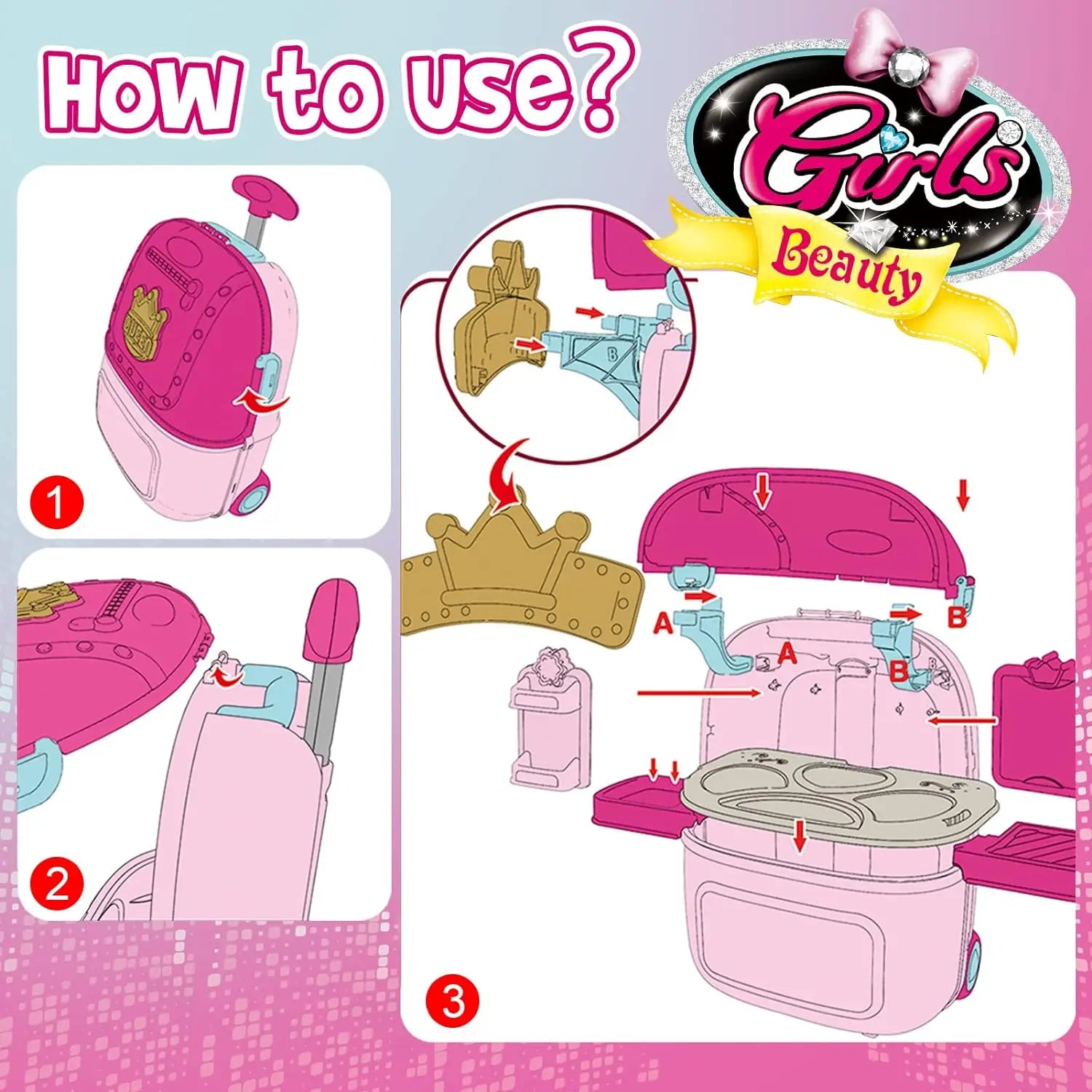 KTX-500051 Kids Pretend Play Cosmetic Makeup Kit - 2 in 1 Makeup Case for Girls Ages 2 to 13