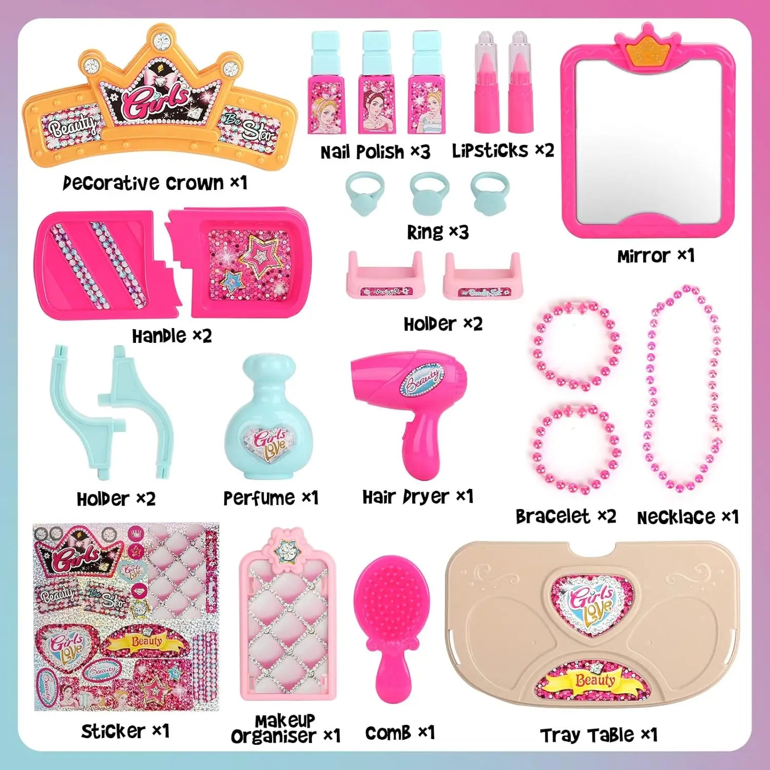 KTX-500051 Kids Pretend Play Cosmetic Makeup Kit - 2 in 1 Makeup Case for Girls Ages 2 to 13