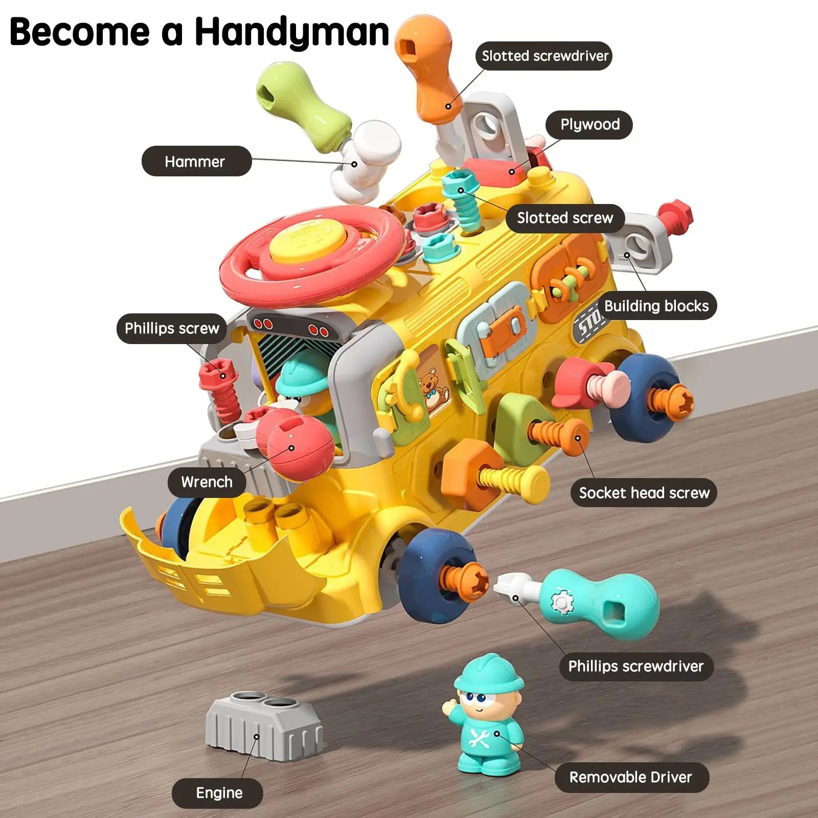 HKM-500179 Take Apart Construction Vehicle Educational Toy for Kids - DIY Engineering Bus with Screw and Nail Assembly